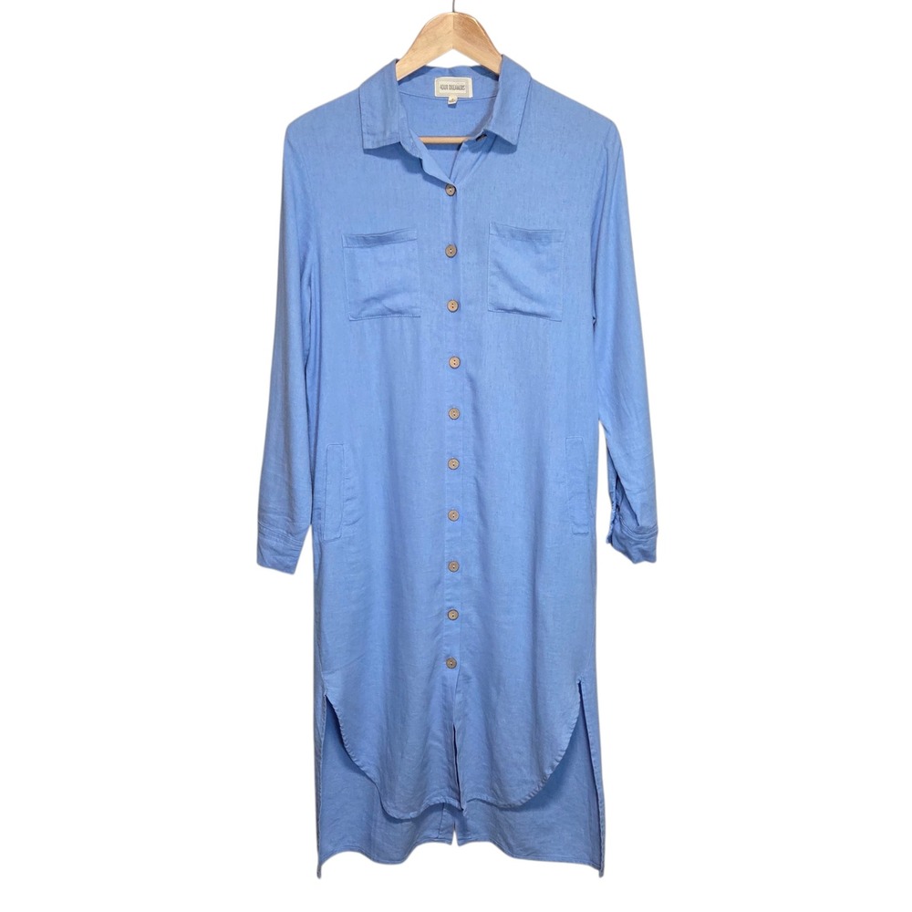 4our Dreamers Blue Linen‎ Shirt Dress Midi Size Small Lagenlook Coastal Chic